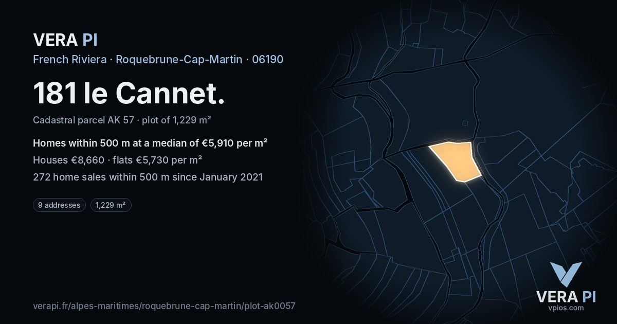 181 le Cannet, Roquebrune-Cap-Martin at night – the plot lit, the parcels around coloured by the prices near them