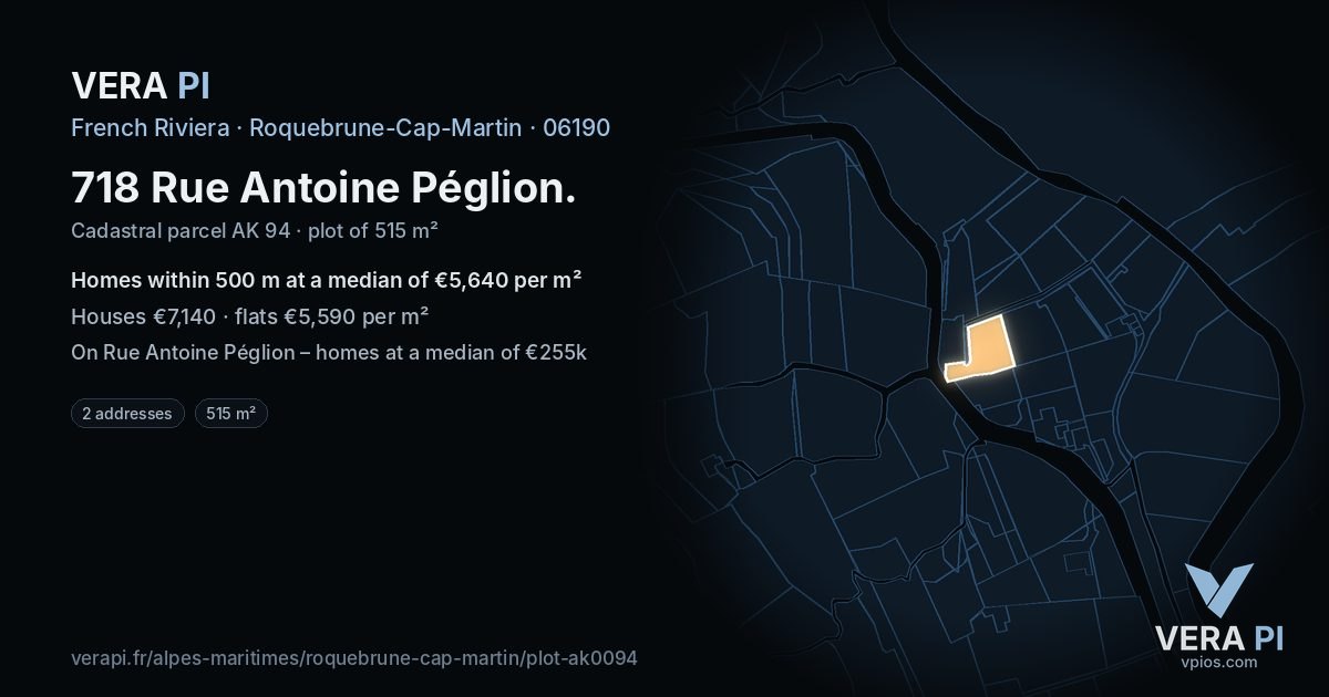 718 Rue Antoine Péglion, Roquebrune-Cap-Martin at night – the plot lit, the parcels around coloured by the prices near them