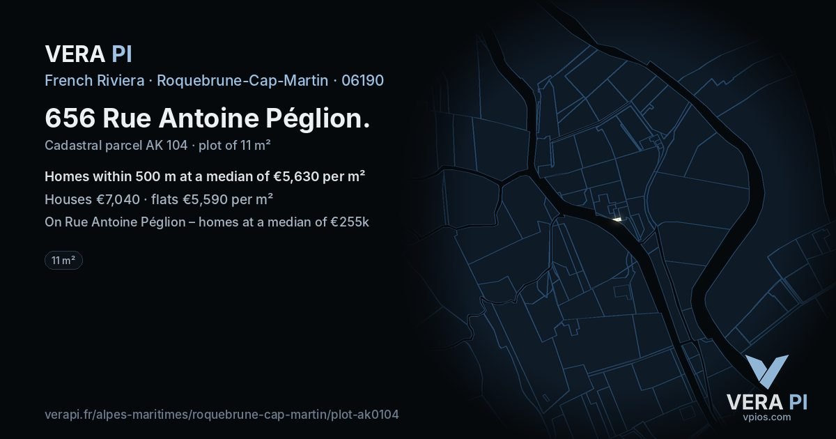 656 Rue Antoine Péglion, Roquebrune-Cap-Martin at night – the plot lit, the parcels around coloured by the prices near them