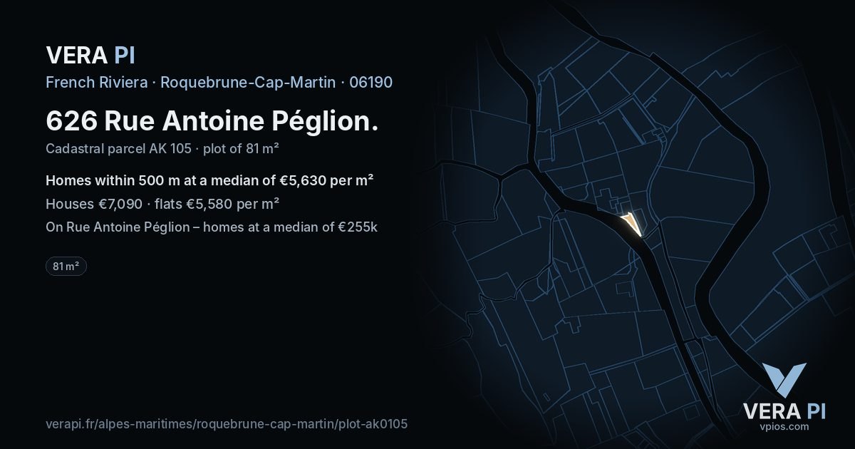 626 Rue Antoine Péglion, Roquebrune-Cap-Martin at night – the plot lit, the parcels around coloured by the prices near them