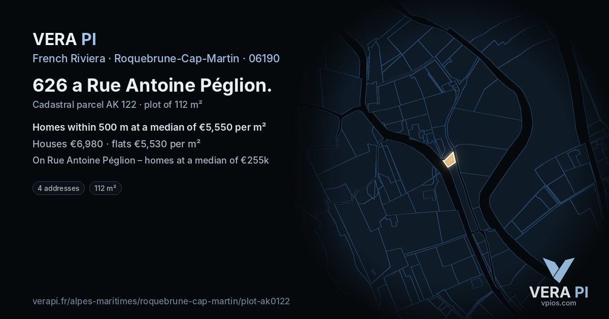 626 a Rue Antoine Péglion, Roquebrune-Cap-Martin at night – the plot lit, the parcels around coloured by the prices near them