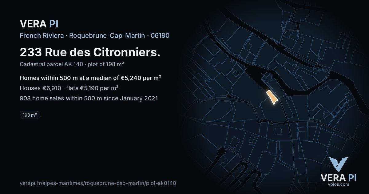 233 Rue des Citronniers, Roquebrune-Cap-Martin at night – the plot lit, the parcels around coloured by the prices near them