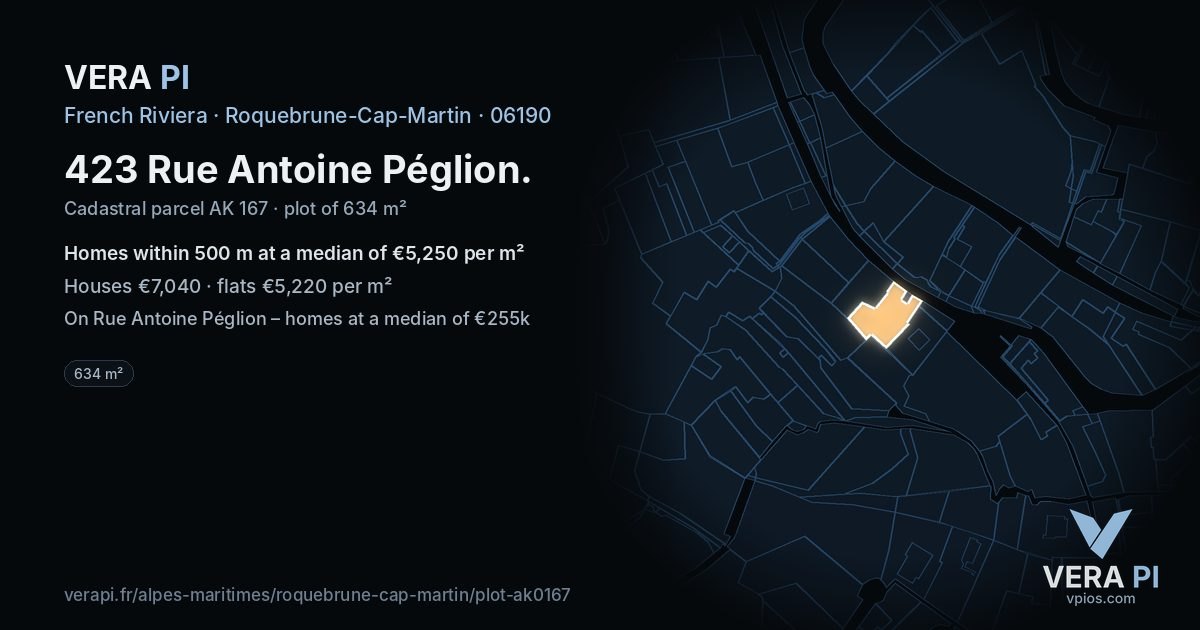 423 Rue Antoine Péglion, Roquebrune-Cap-Martin at night – the plot lit, the parcels around coloured by the prices near them