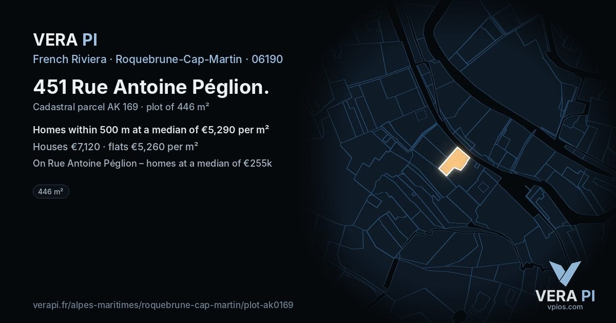 451 Rue Antoine Péglion, Roquebrune-Cap-Martin at night – the plot lit, the parcels around coloured by the prices near them