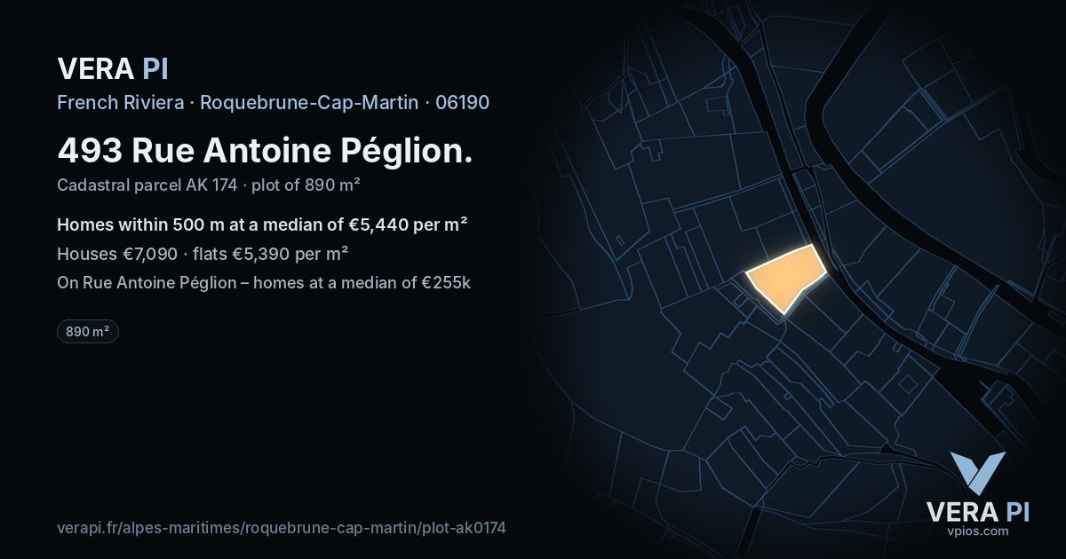 493 Rue Antoine Péglion, Roquebrune-Cap-Martin at night – the plot lit, the parcels around coloured by the prices near them