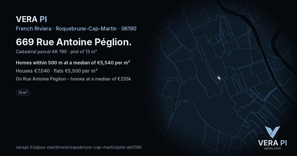 669 Rue Antoine Péglion, Roquebrune-Cap-Martin at night – the plot lit, the parcels around coloured by the prices near them