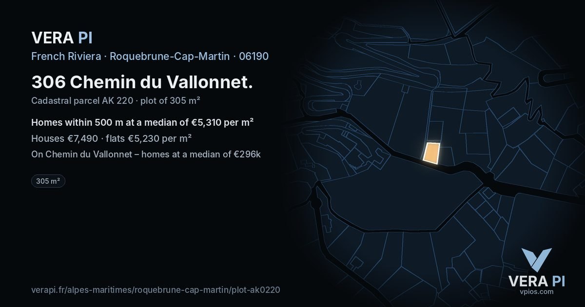 306 Chemin du Vallonnet, Roquebrune-Cap-Martin at night – the plot lit, the parcels around coloured by the prices near them