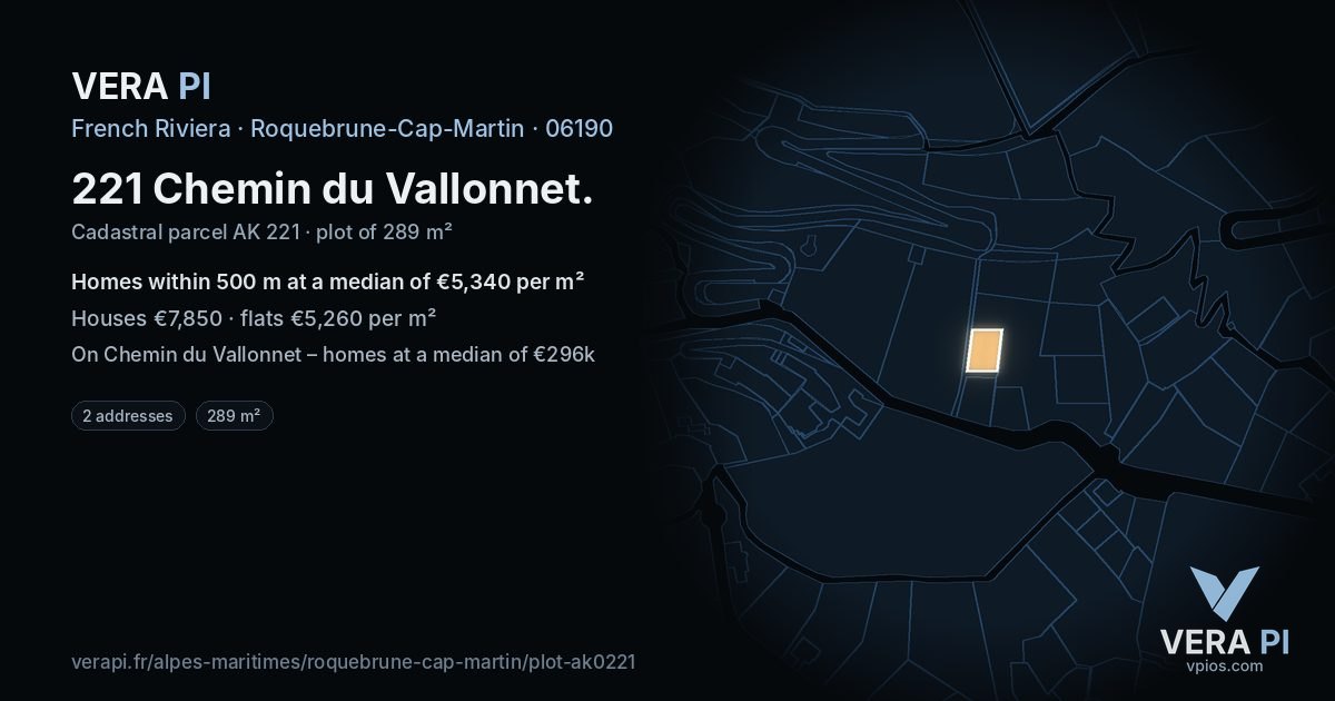 221 Chemin du Vallonnet, Roquebrune-Cap-Martin at night – the plot lit, the parcels around coloured by the prices near them
