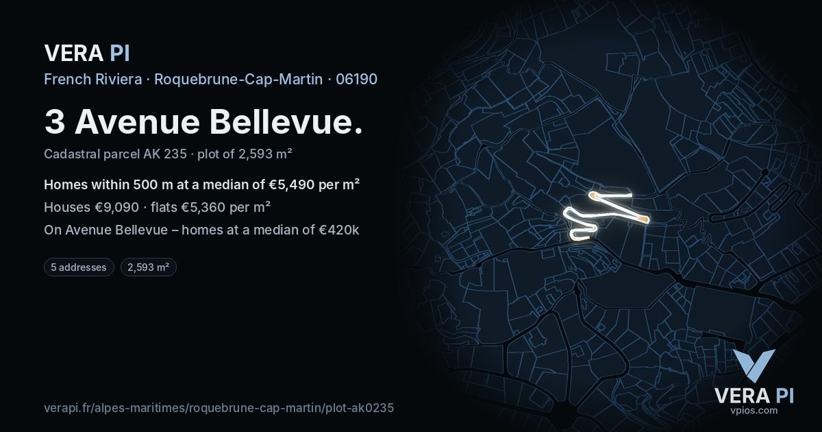 3 Avenue Bellevue, Roquebrune-Cap-Martin at night – the plot lit, the parcels around coloured by the prices near them