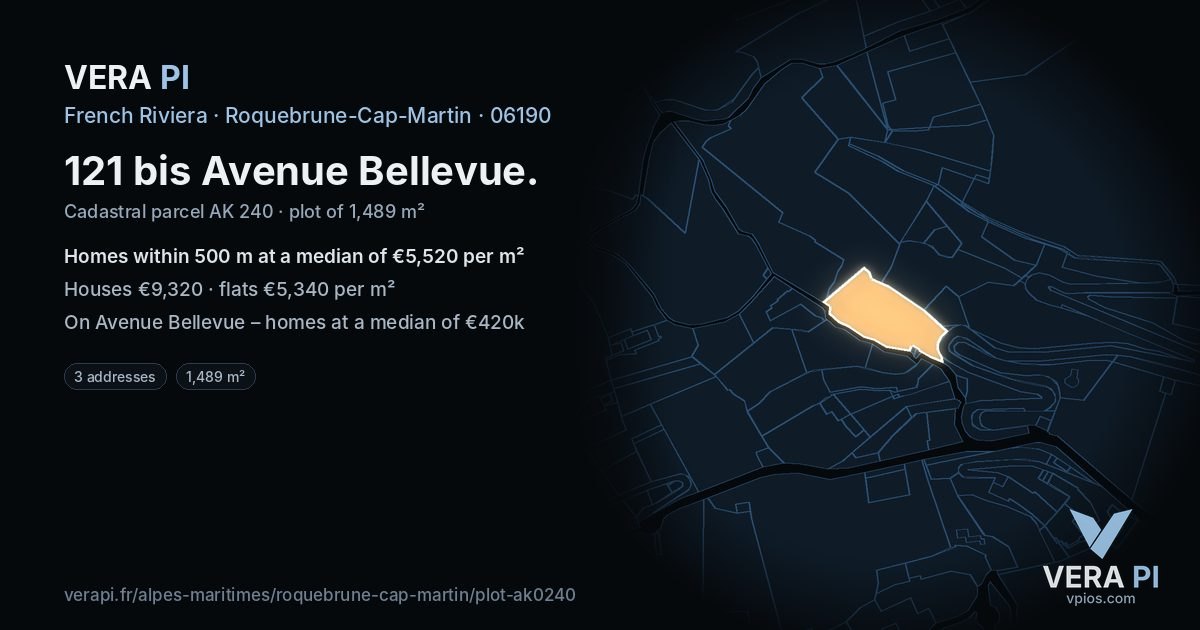 121 bis Avenue Bellevue, Roquebrune-Cap-Martin at night – the plot lit, the parcels around coloured by the prices near them