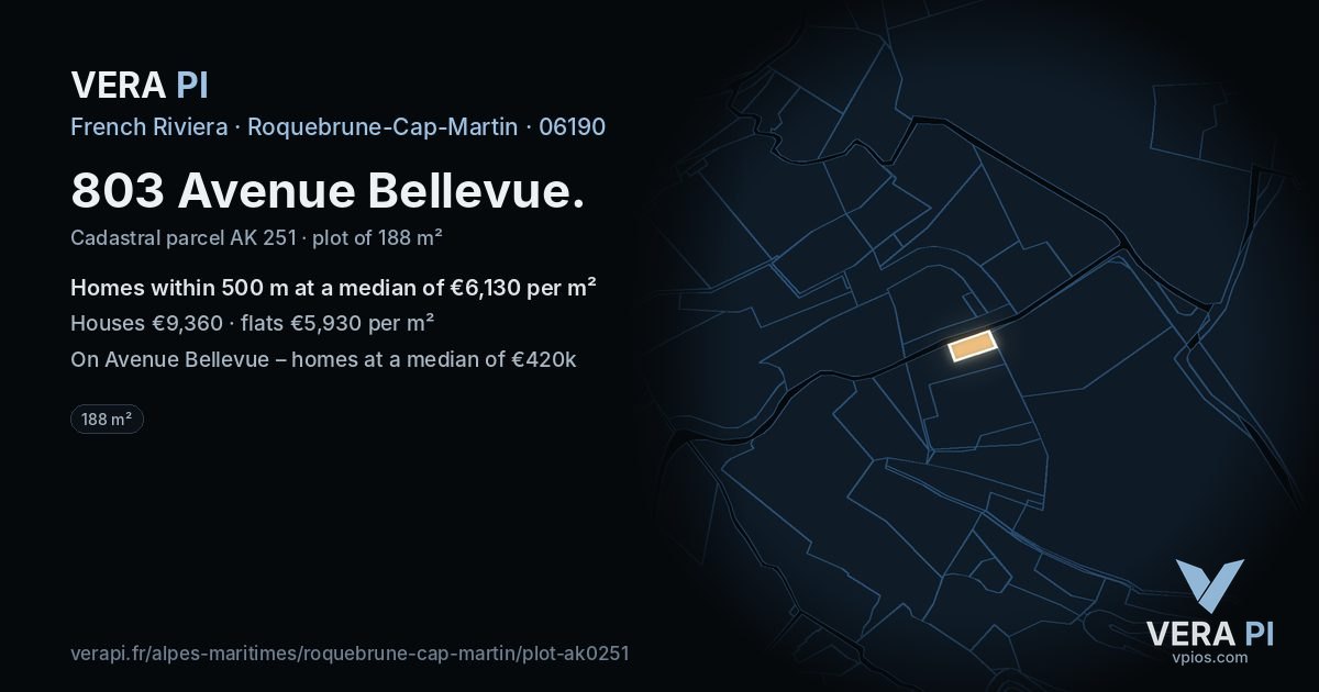 803 Avenue Bellevue, Roquebrune-Cap-Martin at night – the plot lit, the parcels around coloured by the prices near them