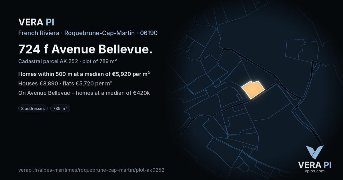 724 f Avenue Bellevue, Roquebrune-Cap-Martin at night – the plot lit, the parcels around coloured by the prices near them