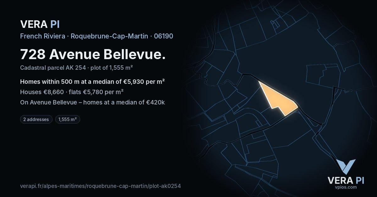 728 Avenue Bellevue, Roquebrune-Cap-Martin at night – the plot lit, the parcels around coloured by the prices near them