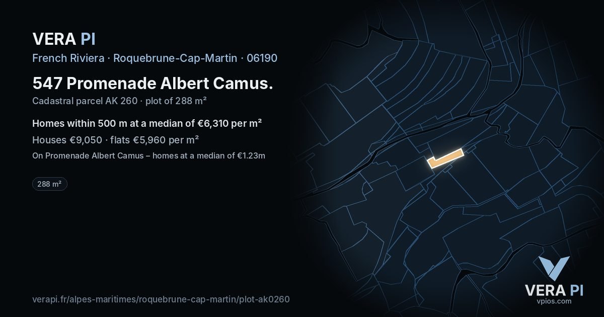 547 Promenade Albert Camus, Roquebrune-Cap-Martin at night – the plot lit, the parcels around coloured by the prices near them