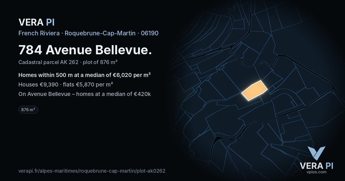 784 Avenue Bellevue, Roquebrune-Cap-Martin at night – the plot lit, the parcels around coloured by the prices near them