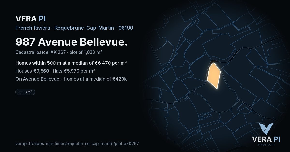 987 Avenue Bellevue, Roquebrune-Cap-Martin at night – the plot lit, the parcels around coloured by the prices near them