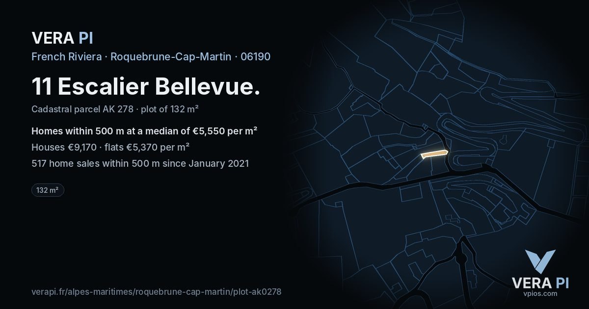 11 Escalier Bellevue, Roquebrune-Cap-Martin at night – the plot lit, the parcels around coloured by the prices near them