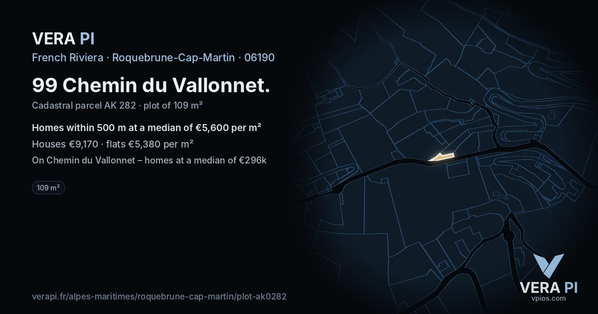 99 Chemin du Vallonnet, Roquebrune-Cap-Martin at night – the plot lit, the parcels around coloured by the prices near them
