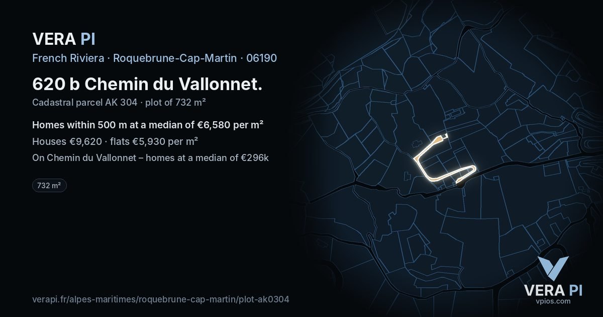 620 b Chemin du Vallonnet, Roquebrune-Cap-Martin at night – the plot lit, the parcels around coloured by the prices near them
