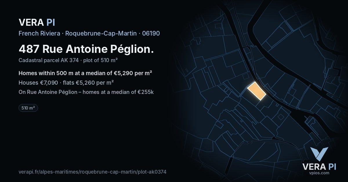 487 Rue Antoine Péglion, Roquebrune-Cap-Martin at night – the plot lit, the parcels around coloured by the prices near them