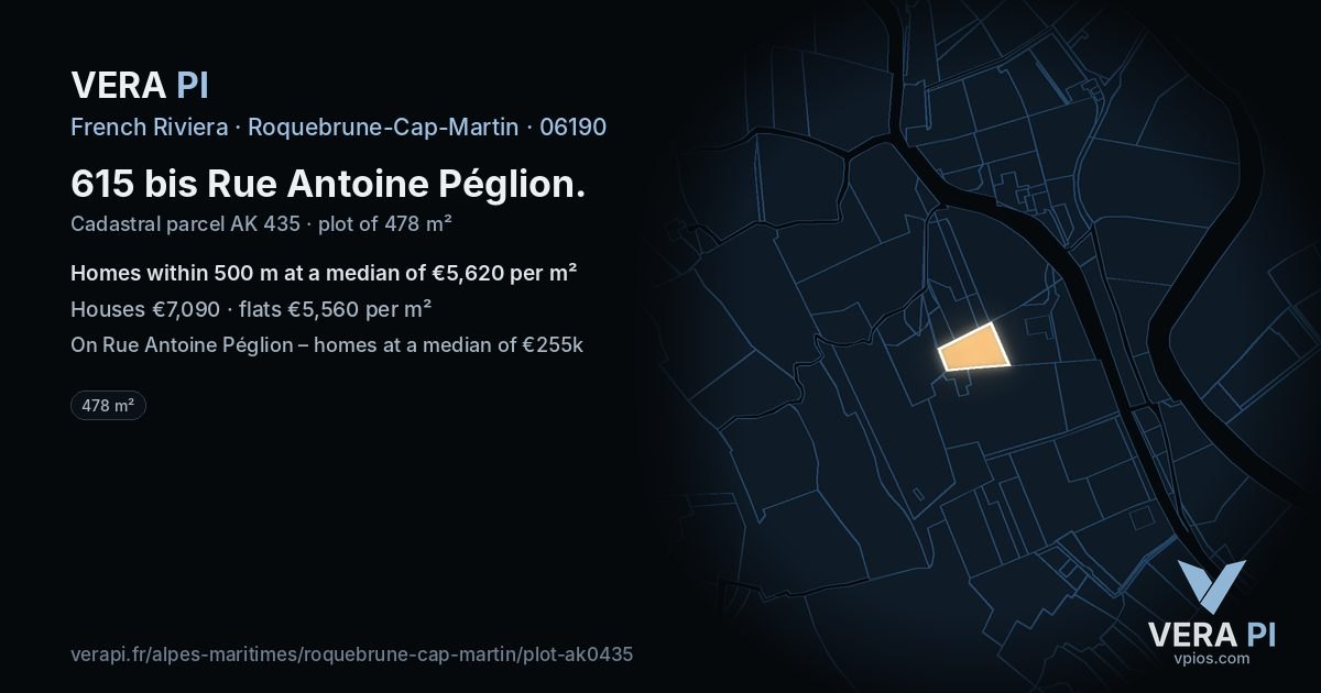 615 bis Rue Antoine Péglion, Roquebrune-Cap-Martin at night – the plot lit, the parcels around coloured by the prices near them