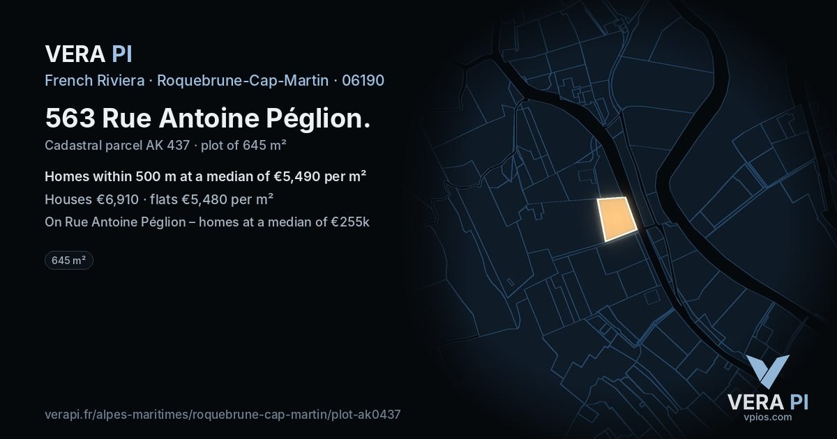 563 Rue Antoine Péglion, Roquebrune-Cap-Martin at night – the plot lit, the parcels around coloured by the prices near them