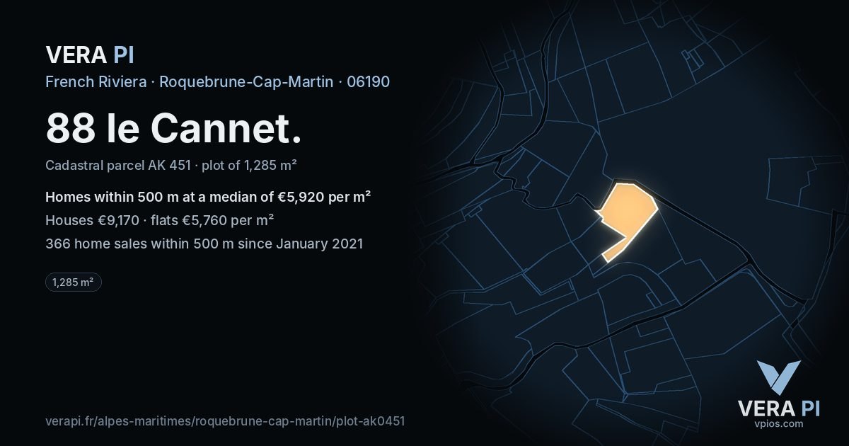 88 le Cannet, Roquebrune-Cap-Martin at night – the plot lit, the parcels around coloured by the prices near them