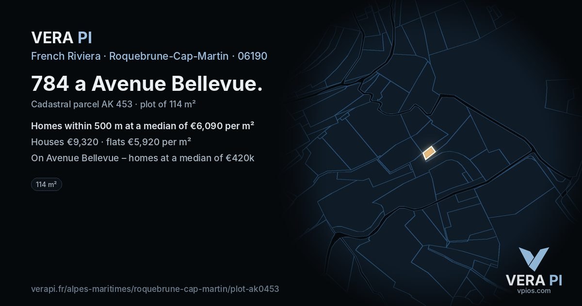 784 a Avenue Bellevue, Roquebrune-Cap-Martin at night – the plot lit, the parcels around coloured by the prices near them