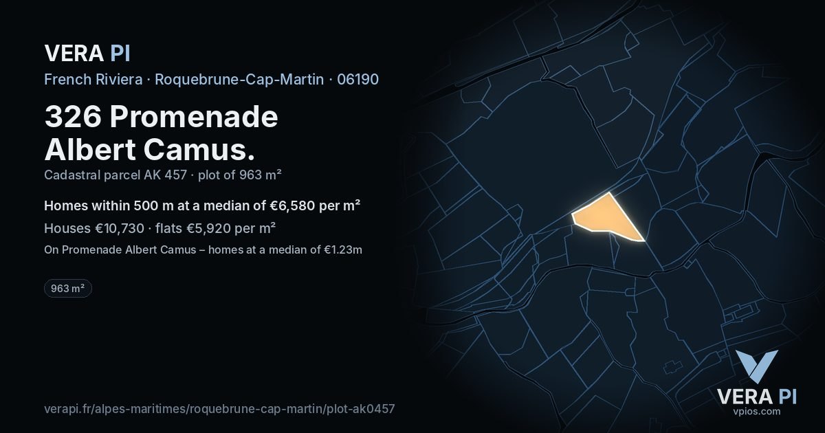 326 Promenade Albert Camus, Roquebrune-Cap-Martin at night – the plot lit, the parcels around coloured by the prices near them