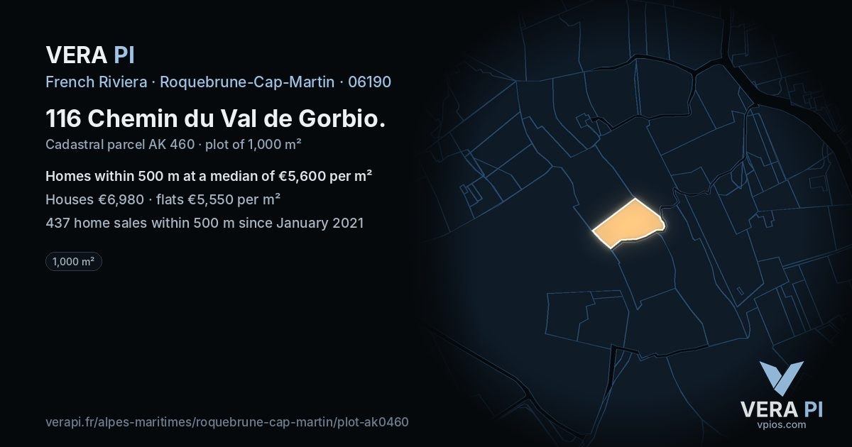 116 Chemin du Val de Gorbio, Roquebrune-Cap-Martin at night – the plot lit, the parcels around coloured by the prices near them