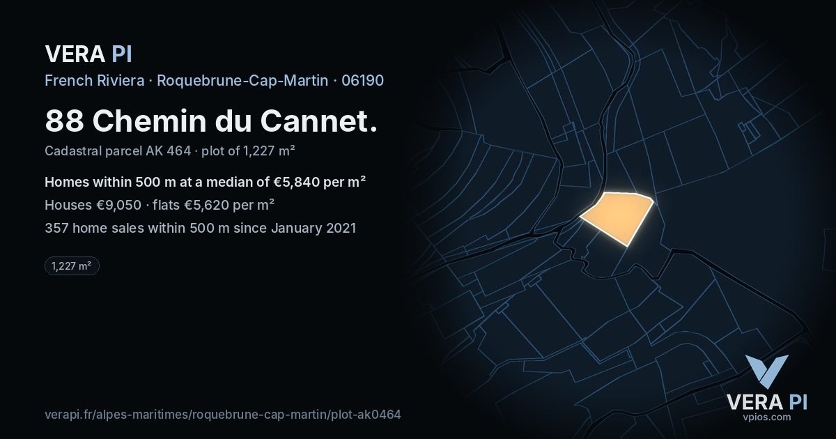 88 Chemin du Cannet, Roquebrune-Cap-Martin at night – the plot lit, the parcels around coloured by the prices near them