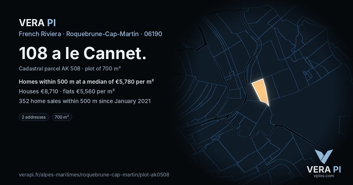 108 a le Cannet, Roquebrune-Cap-Martin at night – the plot lit, the parcels around coloured by the prices near them