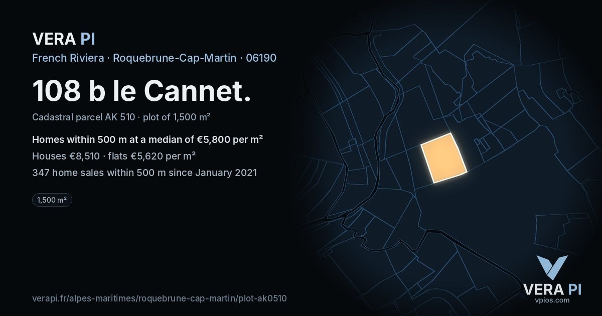 108 b le Cannet, Roquebrune-Cap-Martin at night – the plot lit, the parcels around coloured by the prices near them