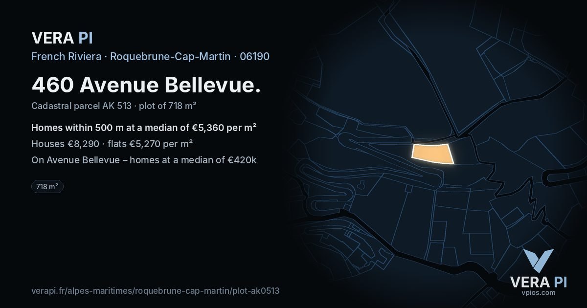 460 Avenue Bellevue, Roquebrune-Cap-Martin at night – the plot lit, the parcels around coloured by the prices near them