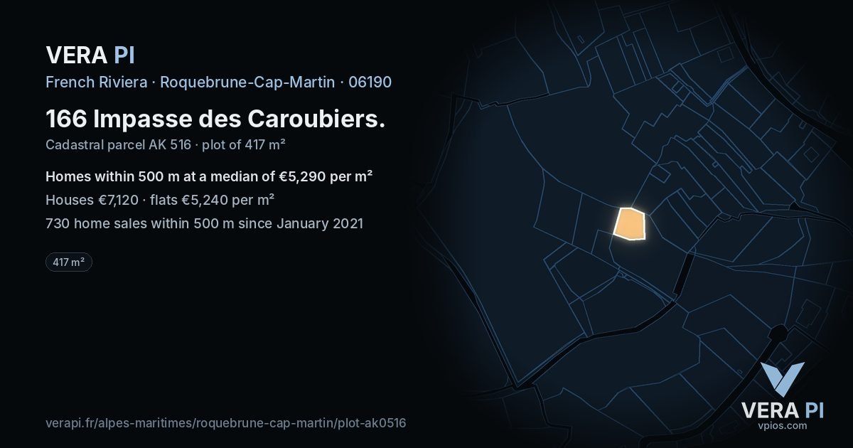 166 Impasse des Caroubiers, Roquebrune-Cap-Martin at night – the plot lit, the parcels around coloured by the prices near them