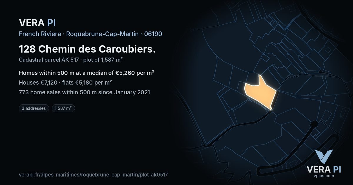 128 Chemin des Caroubiers, Roquebrune-Cap-Martin at night – the plot lit, the parcels around coloured by the prices near them