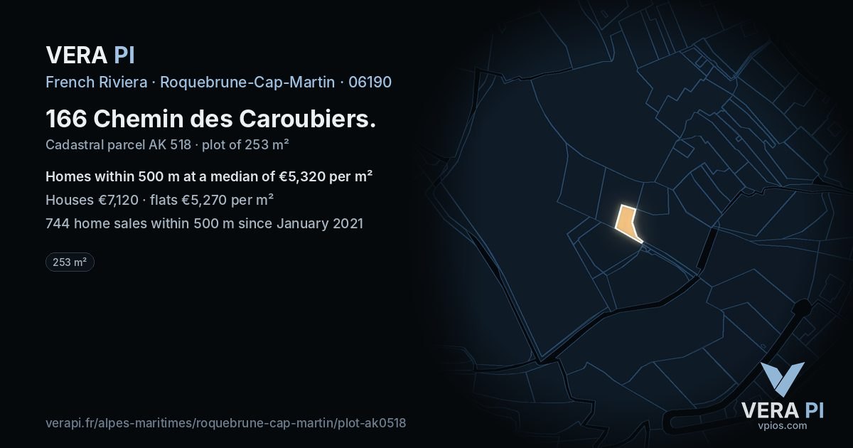 166 Chemin des Caroubiers, Roquebrune-Cap-Martin at night – the plot lit, the parcels around coloured by the prices near them