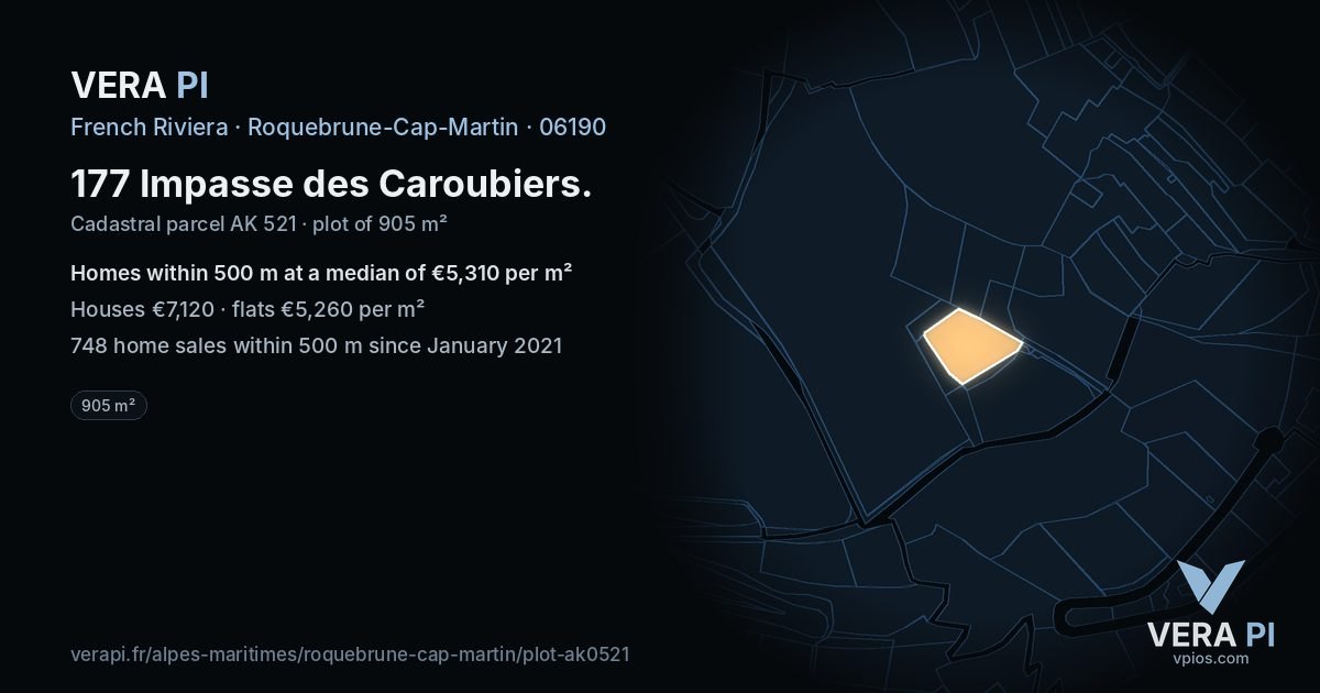 177 Impasse des Caroubiers, Roquebrune-Cap-Martin at night – the plot lit, the parcels around coloured by the prices near them