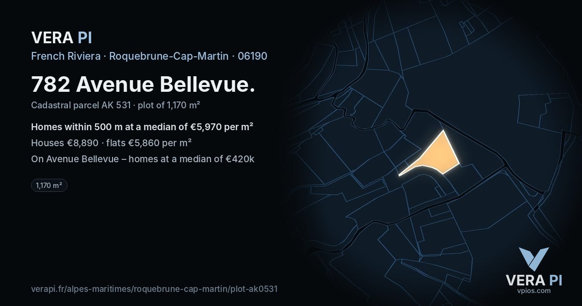 782 Avenue Bellevue, Roquebrune-Cap-Martin at night – the plot lit, the parcels around coloured by the prices near them