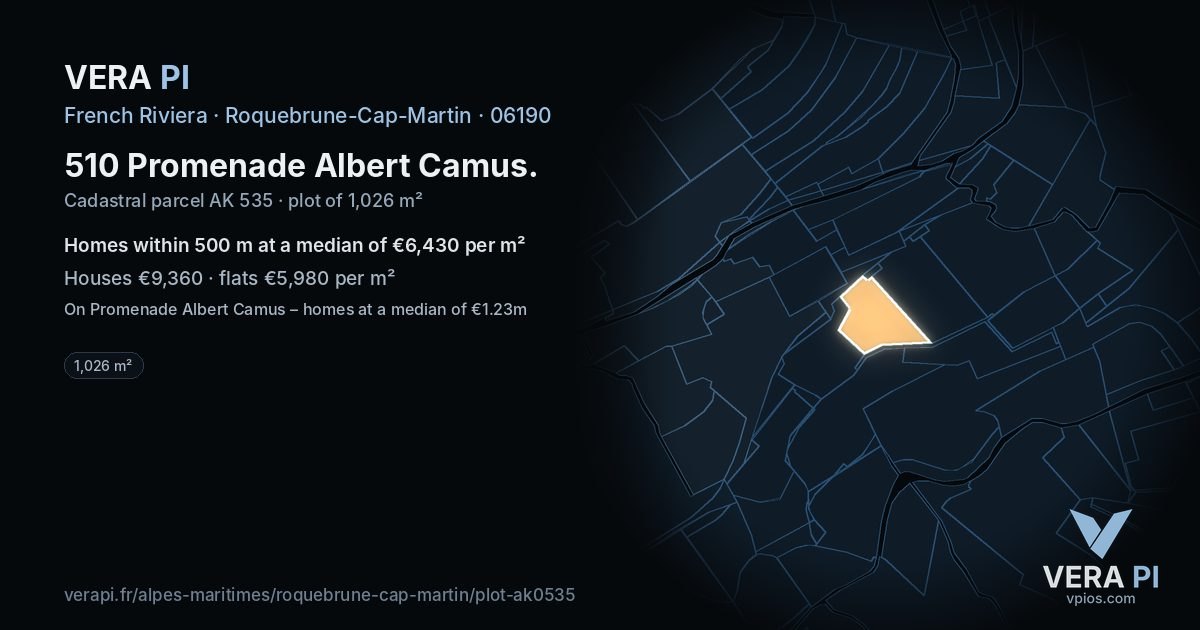510 Promenade Albert Camus, Roquebrune-Cap-Martin at night – the plot lit, the parcels around coloured by the prices near them