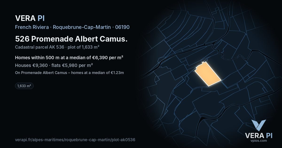 526 Promenade Albert Camus, Roquebrune-Cap-Martin at night – the plot lit, the parcels around coloured by the prices near them