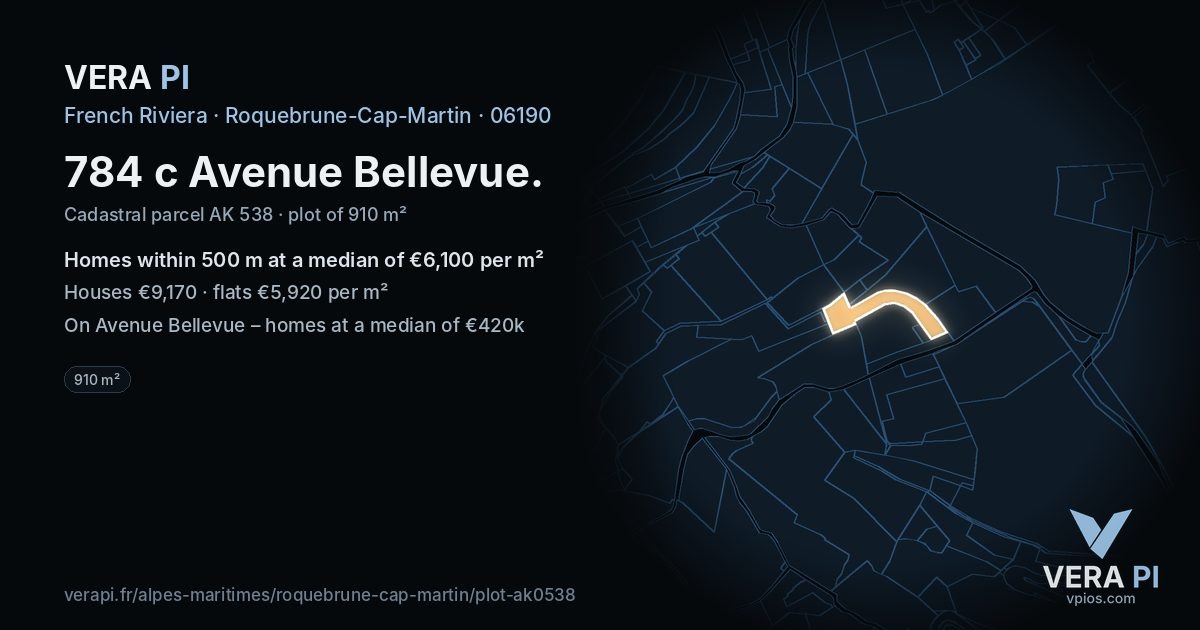 784 c Avenue Bellevue, Roquebrune-Cap-Martin at night – the plot lit, the parcels around coloured by the prices near them
