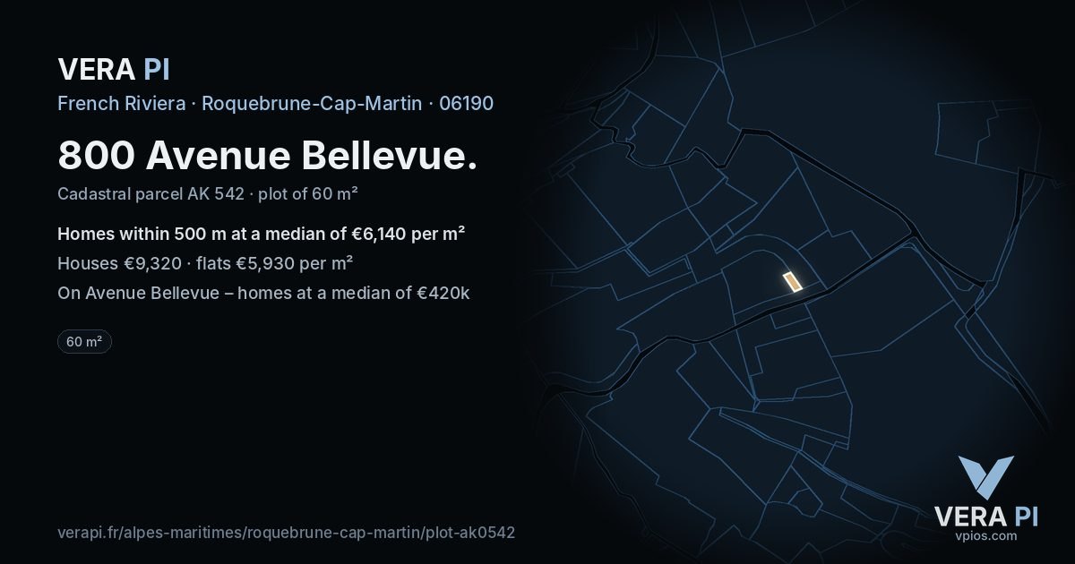 800 Avenue Bellevue, Roquebrune-Cap-Martin at night – the plot lit, the parcels around coloured by the prices near them