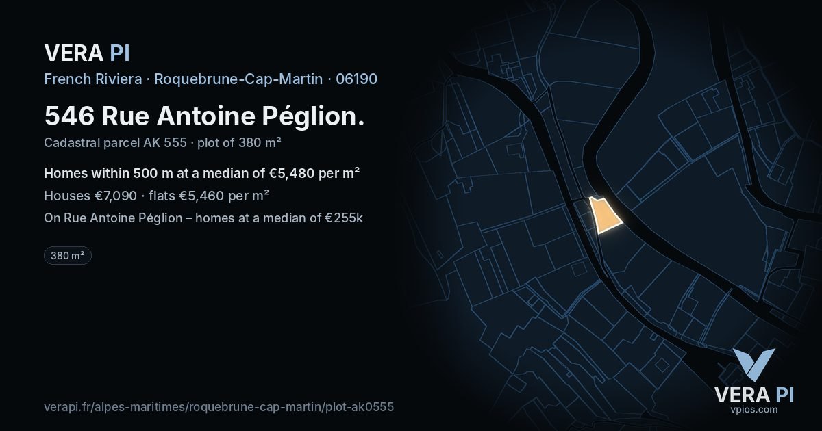 546 Rue Antoine Péglion, Roquebrune-Cap-Martin at night – the plot lit, the parcels around coloured by the prices near them