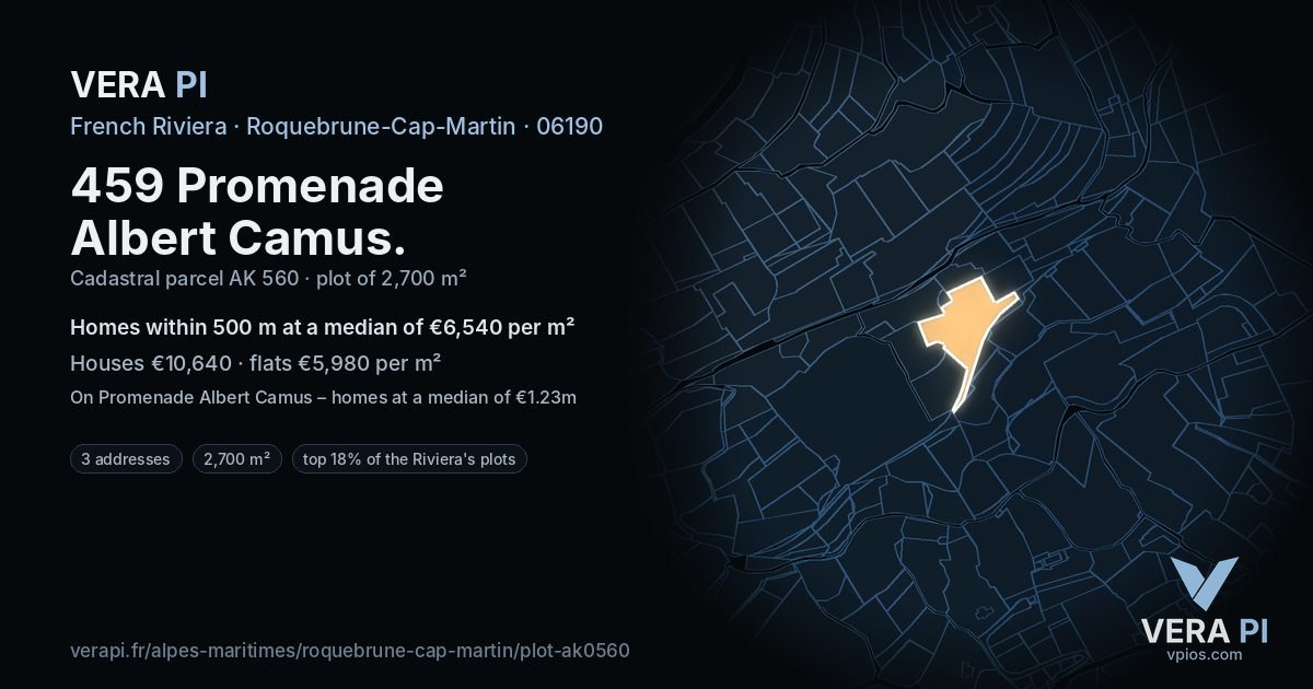 459 Promenade Albert Camus, Roquebrune-Cap-Martin at night – the plot lit, the parcels around coloured by the prices near them