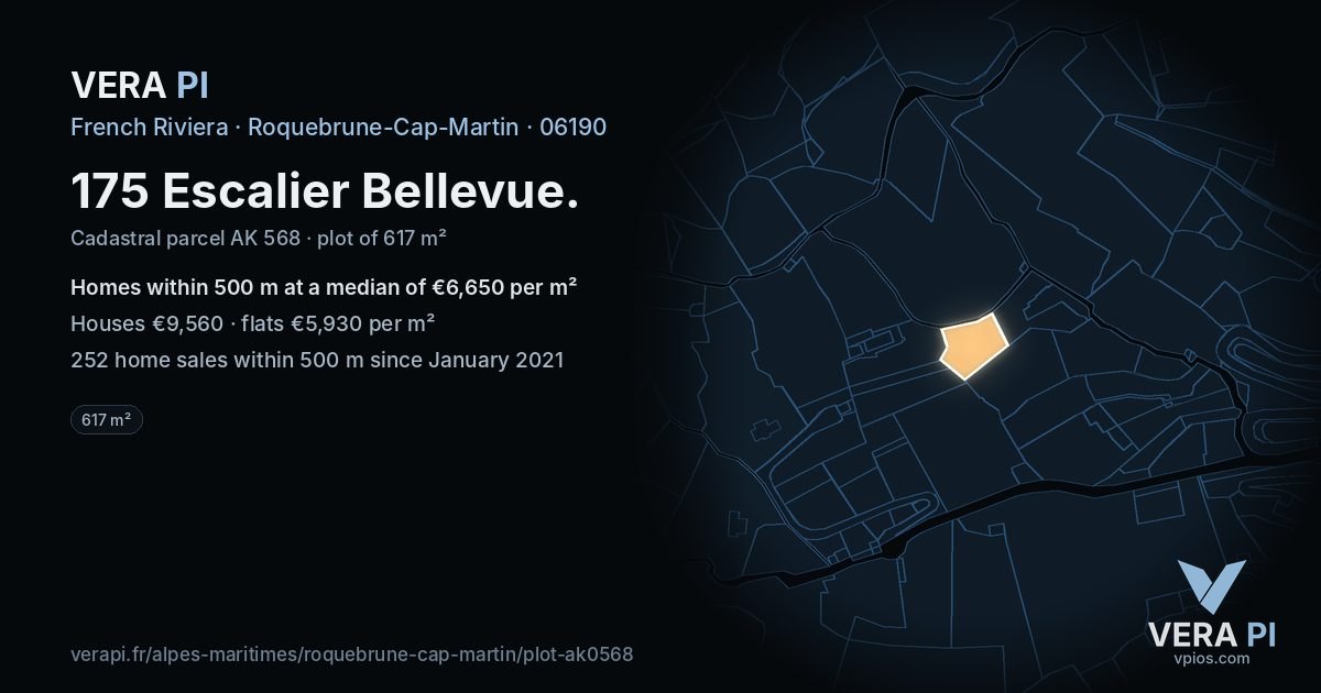 175 Escalier Bellevue, Roquebrune-Cap-Martin at night – the plot lit, the parcels around coloured by the prices near them