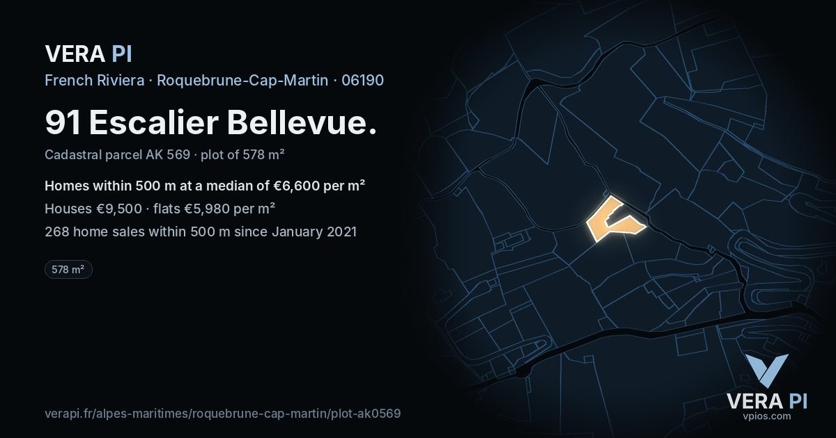 91 Escalier Bellevue, Roquebrune-Cap-Martin at night – the plot lit, the parcels around coloured by the prices near them