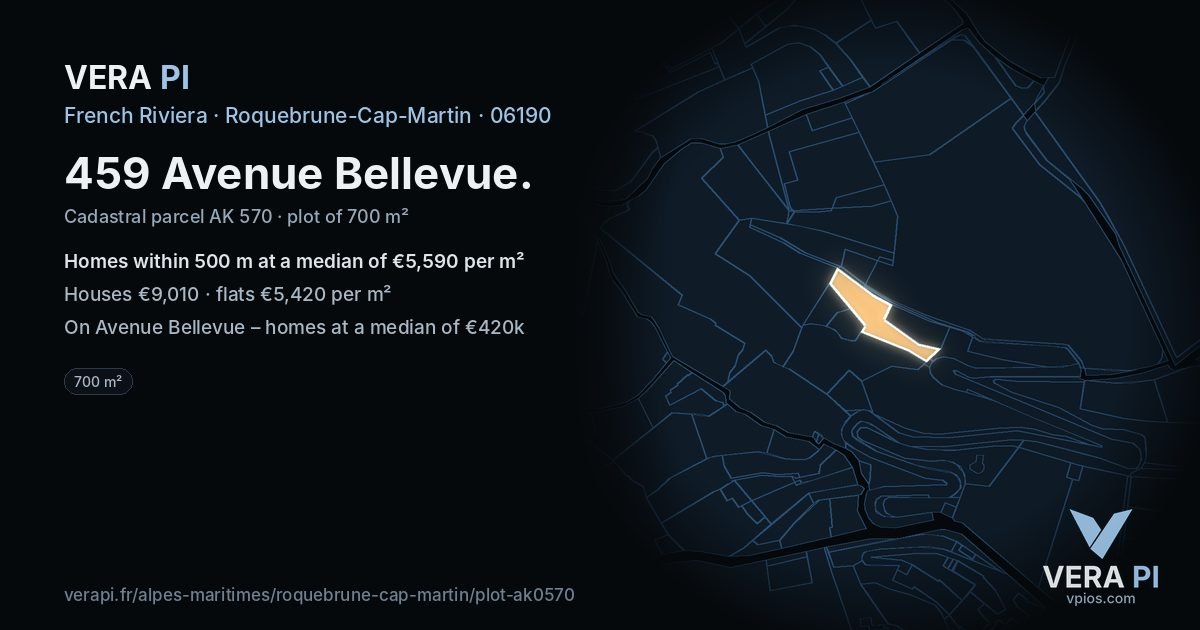 459 Avenue Bellevue, Roquebrune-Cap-Martin at night – the plot lit, the parcels around coloured by the prices near them