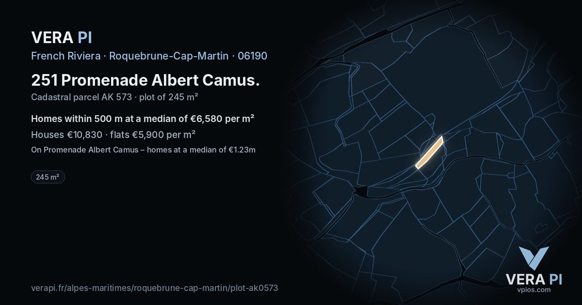 251 Promenade Albert Camus, Roquebrune-Cap-Martin at night – the plot lit, the parcels around coloured by the prices near them