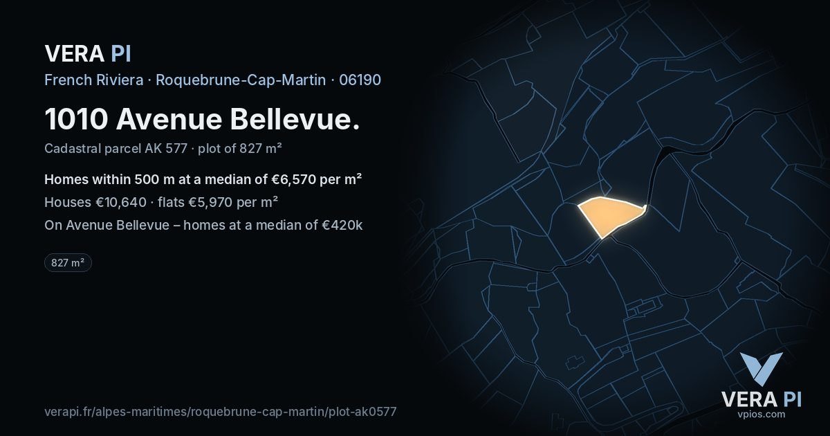 1010 Avenue Bellevue, Roquebrune-Cap-Martin at night – the plot lit, the parcels around coloured by the prices near them